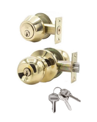 .COMBO LOCK SET DEADBOLT AND ROUND DOOR LOCK WITH KEYS GOLD FINISH