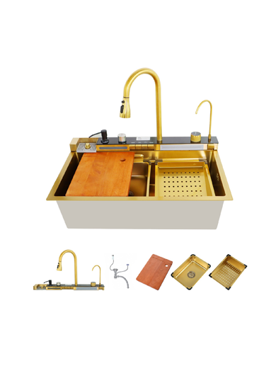 KITCHEN NANO STAINLESS STEEL SINKS HONEYCOMB WATERFALL FAUCET SMART CUP WASHER BOWL WATERFALL SINK (GOLDFINISH)